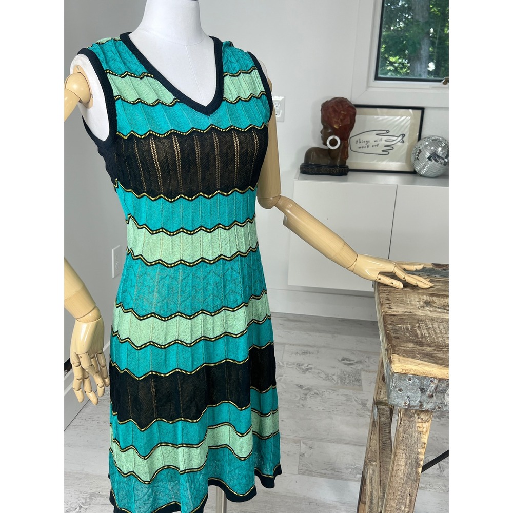 M Missoni Teal Green Black Zigzag Knit V-Neck Sleeveless Midi Dress IT 40 - Picture 2 of 8